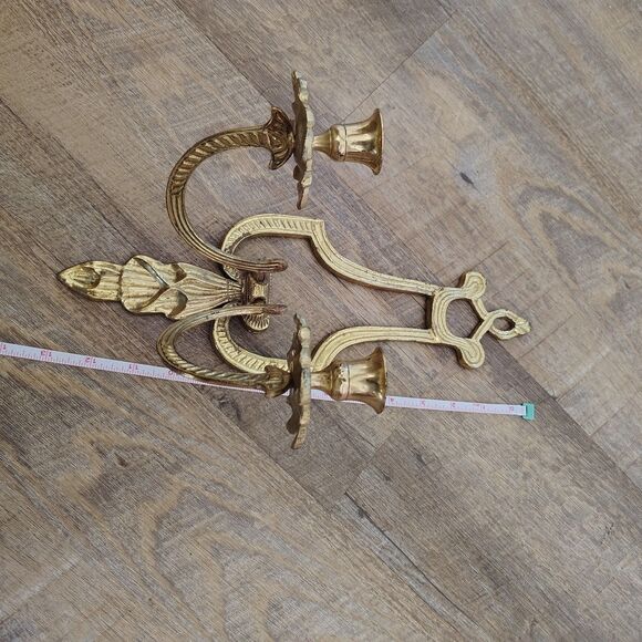 Vtg Solid Brass Wall Hanging Sconce Double Candle Holder Classic Deco MCM - Picture 7 of 7